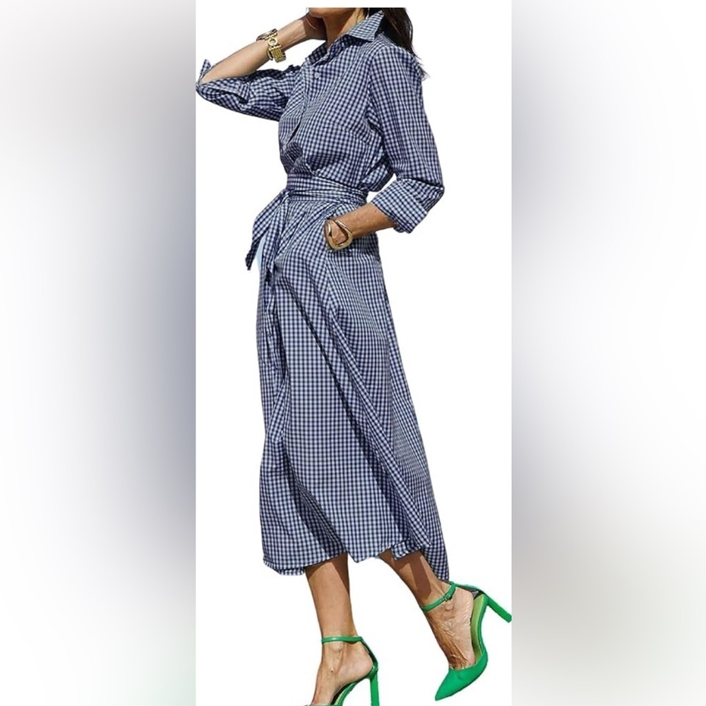 NWT Tahari Navy & White Gingham Long Sleeve Shirt Dress